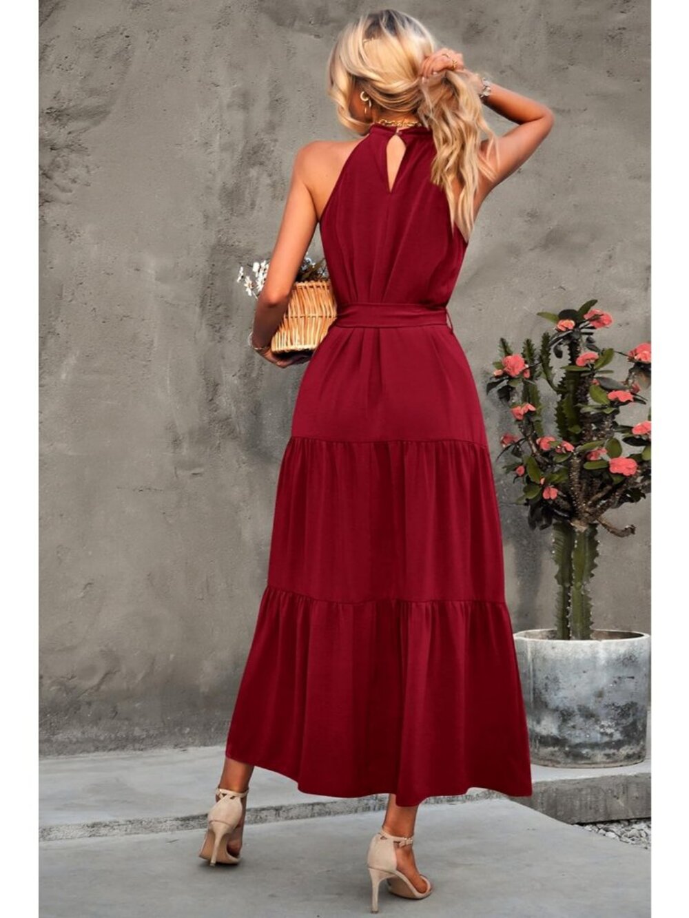 Women's Solid Wine Red Sleeveless Halter Neck High Waist Backless Maxi Dress - Picture 2 of 6